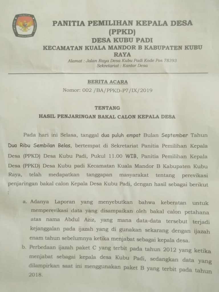 Incumbent di Pilkades Kubu Padi Gunakan Ijazah Ganda