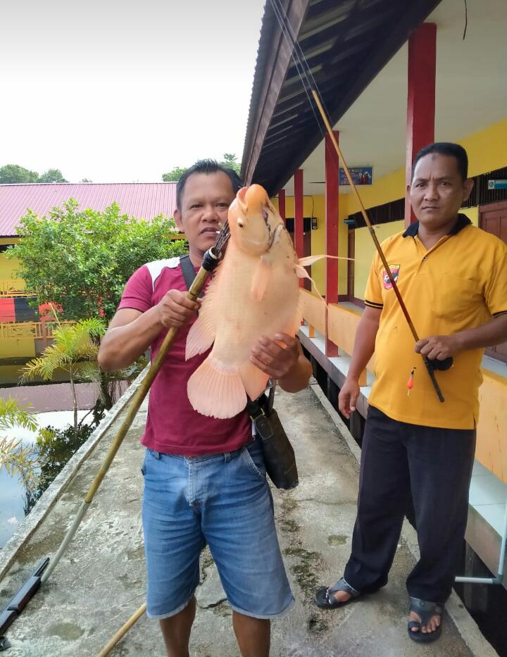 Dua bersaudara yang mendapatkan ikan mas jumbo di halaman sekolah yang tergenang banjir.