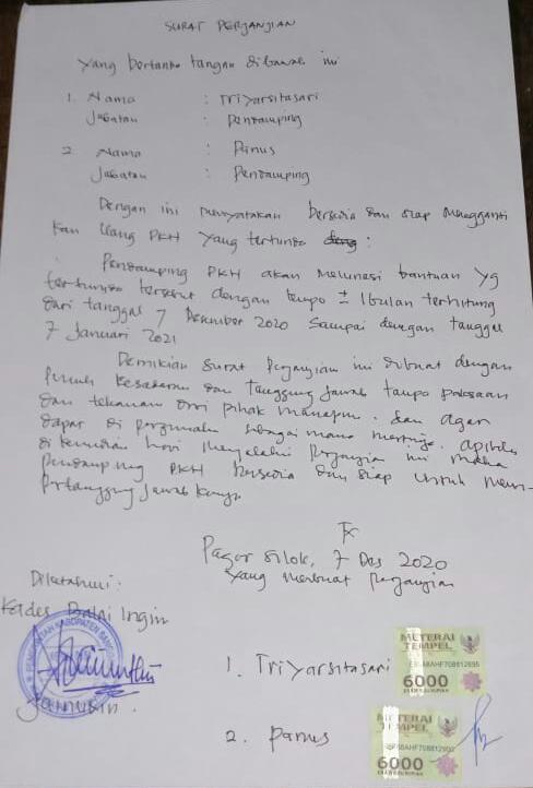 Surat Perjanjian pelunasan diatas matrai yang ditandatangi oknum pendamping PKH Dusun Pagar Silok Desa Balai Ingin Kecamatan Tayan Hilir.