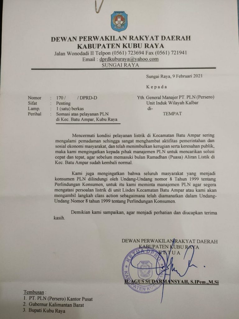 surat somasi DPRD Kubu Raya ditujukan ke PT PLN Kalbar