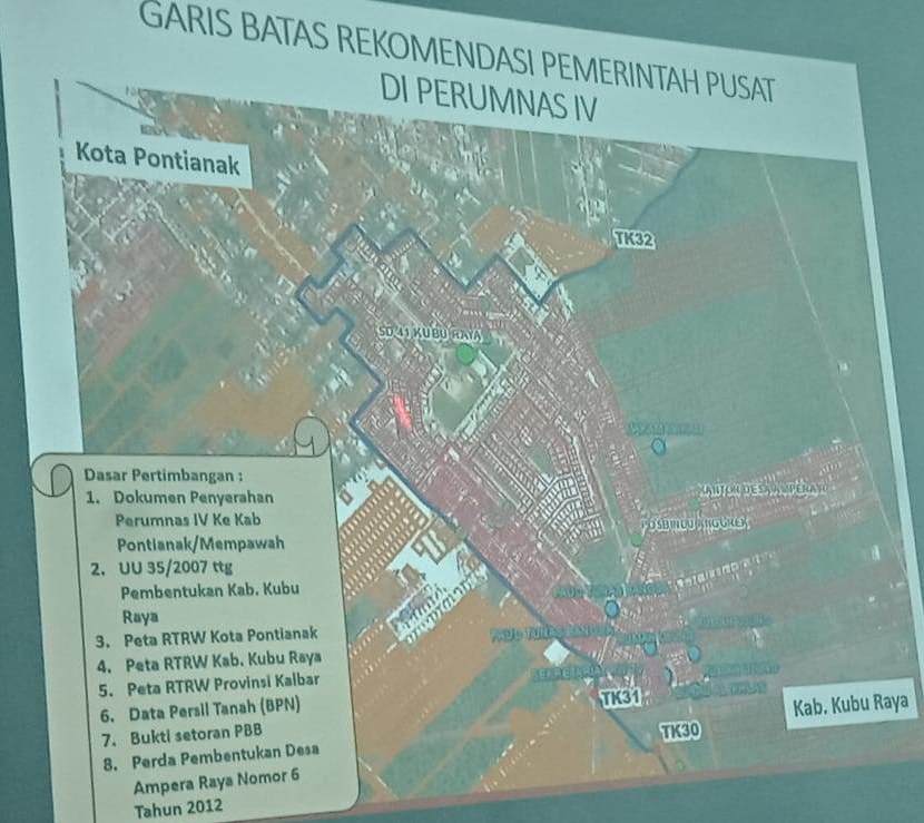 Peta batas Kota Pontianak dan Kubu Raya sebagai dasar pertimbangan kawasan Perumnas IV masuk ke Kabupaten Kubu Raya