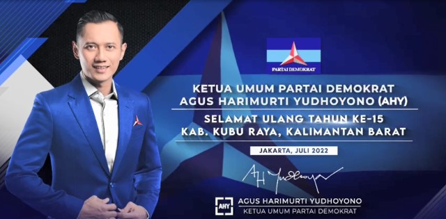 etua Umum Partai Demokrat Agus Harimukti Yudhoyono mengucapkan selamat ulang tahun ke 15 untuk Kabupaten Kubu Raya