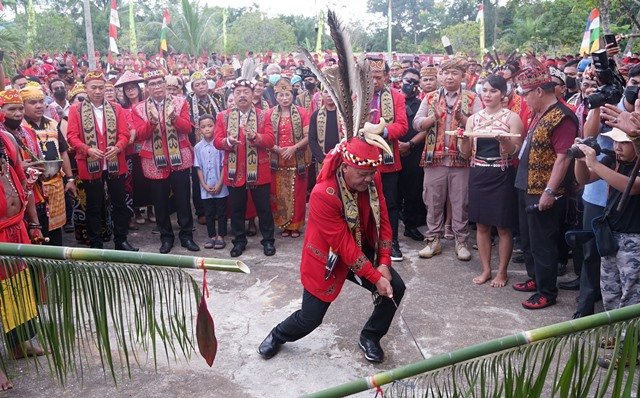 Bupati Sanggau Paolus Hadi membelah bambu pertana gawai dayak Nosu Minu Podi XVIII resmi dibuka, Kamis (07/7).
