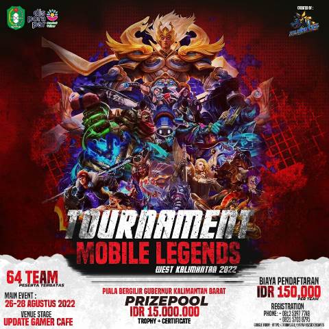 Turnamen mobile legend Piala Gubernur Kalbar bakal digelar oleh E-Sport Journalist Pontianak pada 26-28 Agustus 2022 di Cafe Update Gamer Komplek Perdana Square Pontianak.