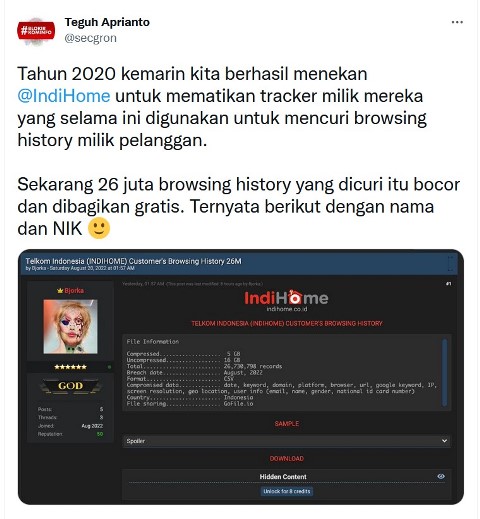 Kebocoran data pelanggan Indihone ini diungkapkan pertama kali oleh Founder Ethical Hacker Indonesia, Teguh Aprianto yang juga merupakan Konsultan Keamanan Cyber ​​dan Anti-Pembajakan Lewat utas akun twitternya @secron