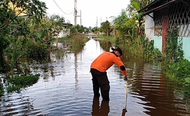 Petugas BPBD Ketapang melakukan pemantauan terhadap ketinggian air yang semakin hari tinggi di sejumlah ruas jalan seperti di Delta Pawan, Kamis (20/10)