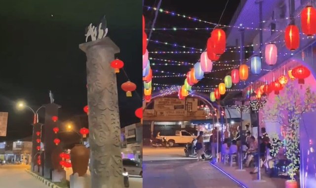 Menyambut hari raya Imlek 2574 tahun 2023, hiasan lampion merah dan bunga sakura hampir menghiasi setiap sudut Kota Bengkayang.