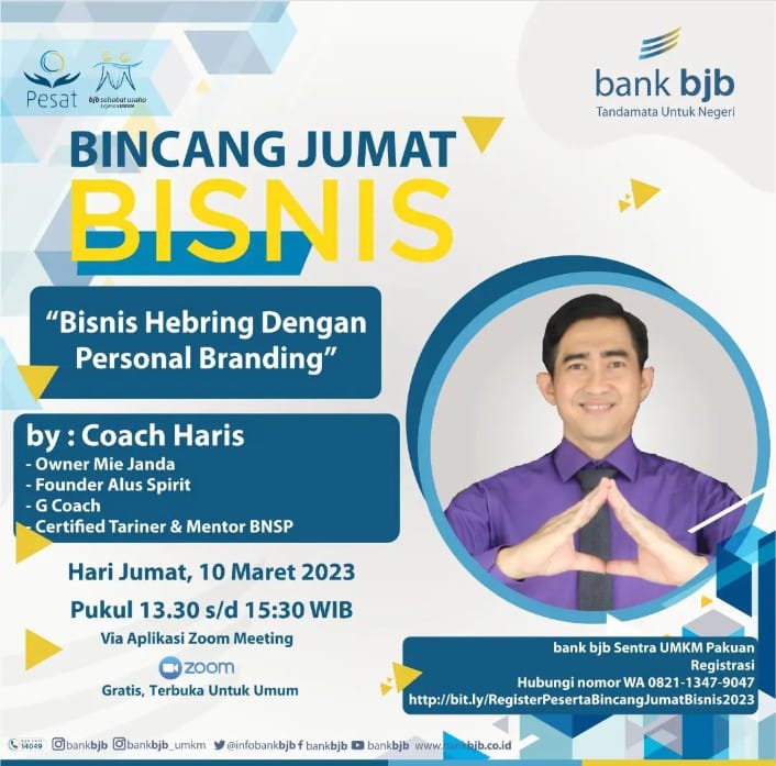 Program mingguan yang diselenggarakan Bank Jawa Barat dan Banten Tbk (BJB) menyelenggarakan Bincang Jumat Bisnis pada Jumat 10 Maret 2023 yakni Bincang Jumat Bisnis by Bank BJB