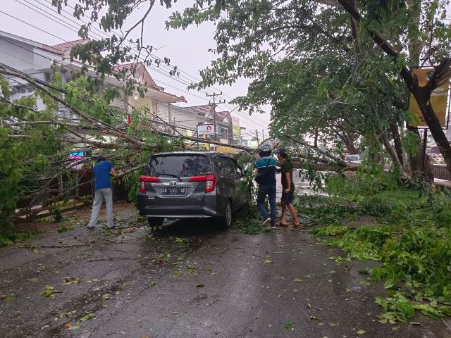 Hujan dengan intensitas tinggi mengakibatkan sebuah pohon besar di Sui Raya Dalam (Serdam) persis depan Rutan Kelas IIA Pontianak tiba - tiba tumbang sehingga menimpa satu unit mobil yang sedang melintas.