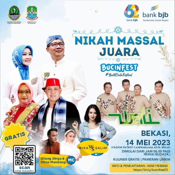 Bank BJB bekerja sama dengan Pemerintah Provinsi Jawa Barat menggelar Bukti Cinta Festival alias Bucinfest 'Nikah Massal Juara' di Stadion Patriot Candrabhaga, Kota Bekasi, Pukul 06.00 Minggu 14 Mei 2023.