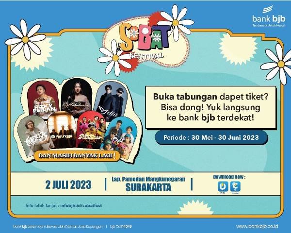 Ingin datang ke Konser Sobat Festival 2023 di Surakarta? Tak perlu war tiket, Anda hanya perlu menabung di Bank BJB untuk mendapat tiket nonton festival musik yang diselenggarakan pada Juli 2023 nanti.