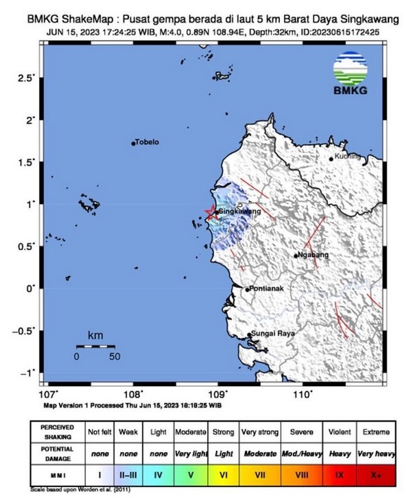 Kabupaten Bengkayang dan Landak diguncang gempa bumi tektonik, Kamis (15/6) sekitar pukul 17:24:25 WIB.