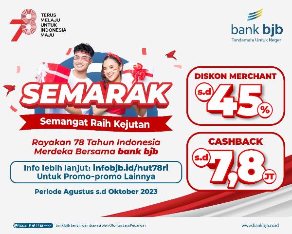 Memperingati HUT RI ke-78, Bank BJB menggelar berbagai macam program promo menarik untuk memanjakan nasabah. Terdapat berbagai promo menarik mulai promo paket data, pembelian obligasi, photo contest, KPR, hingga pembiayaan.