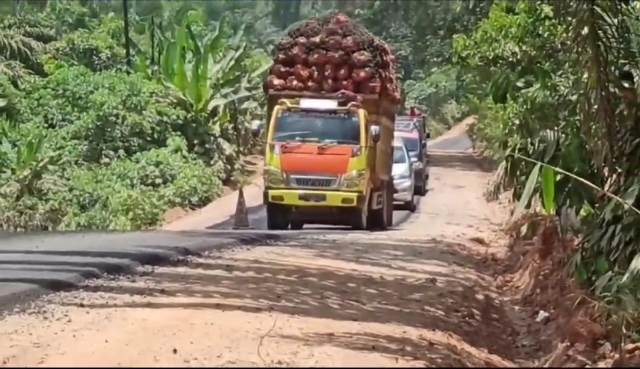 Kendaraan yang overload dengan kelapa sawit melewati jalan Semuntai - Sedukul yang saat ini masih dalam pengerjaan