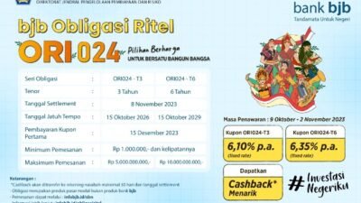Bank bjb kembali menjadi Sub Mitra Distribusi Surat Berharga Negara (SBN) Ritel ORI024 melalui produk bjb Obligasi Ritel. Khusus penawaran kali ini, pemerintah memberikan dua pilihan tenor yang dapat dipilih oleh investor yaitu tenor tiga tahun (ORI024-T3) dan enam tahun (ORI024-T6).