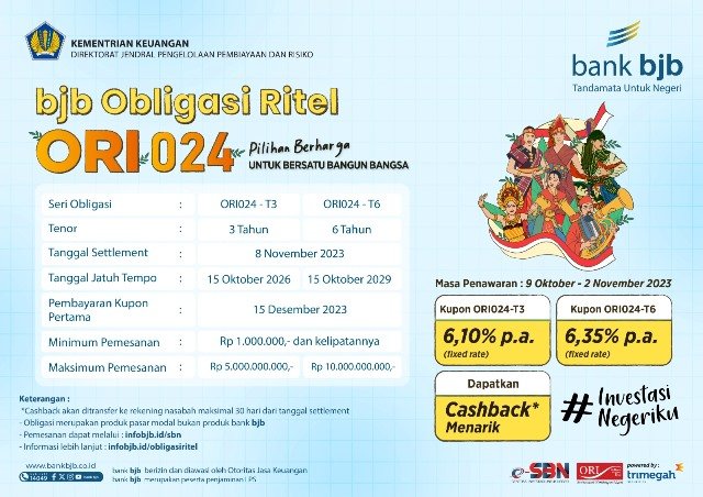 Bank bjb kembali menjadi Sub Mitra Distribusi Surat Berharga Negara (SBN) Ritel ORI024 melalui produk bjb Obligasi Ritel. Khusus penawaran kali ini, pemerintah memberikan dua pilihan tenor yang dapat dipilih oleh investor yaitu tenor tiga tahun (ORI024-T3) dan enam tahun (ORI024-T6).