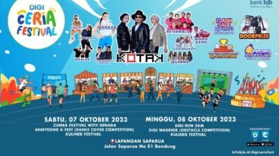 Bank bjb kali ini menggelar Digi Ceria Festival, sebuah festival yang menghadirkan beragam kegiatan seru dan menarik. Digi Ceria Festival akan digelar pada Sabtu dan Minggu, tanggal 7 hingga 8 Oktober 2023, dari pukul 05.30 hingga 22.00 WIB, bertempat di Lapangan Saparua, Jl. Saparua No. 1, Bandung.