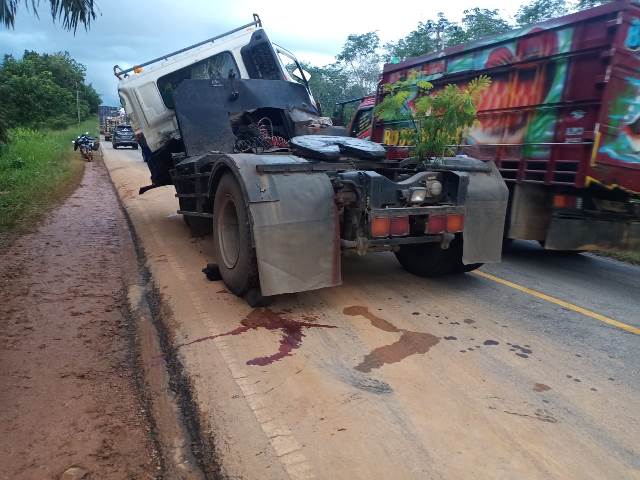 Tabrakan maut truk vs trailer di Jalan Trans Kalimantan KM 56 Desa Teluk Bakung Kabupaten Kubu Raya mengakibatkan satu orang tewas pada Jumat (16/2). Foto: tmB