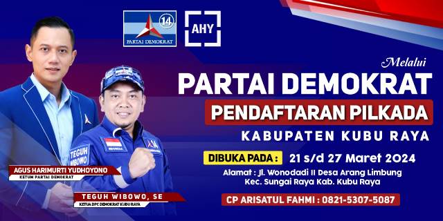 Menjelang Pilkada serentak tahun 2024, DPC Partai Demokrat Kubu Raya akan membuka pendaftaran bakal calon Bupati dan Wakil Bupati Kubu Raya.