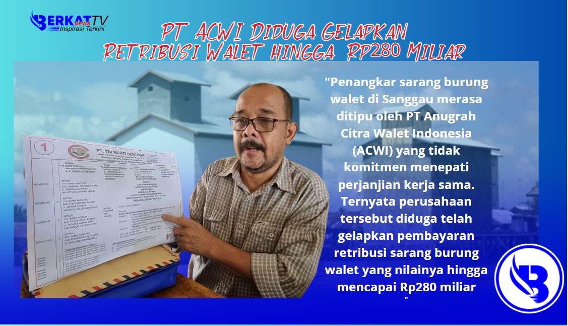 Penangkar sarang burung walet di Sanggau merasa ditipu oleh PT Anugrah Citra Walet Indonesia (ACWI) yang tidak komitmen menepati perjanjian kerja sama. Ternyata perusahaan tersebut diduga telah gelapkan pembayaran retribusi sarang burung walet yang nilainya hingga mencapai Rp280 miliar.