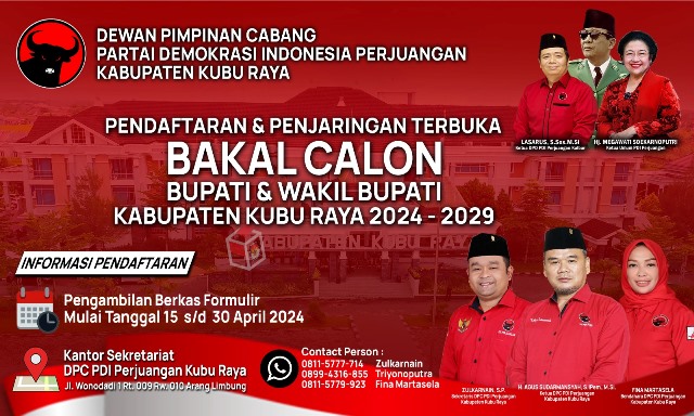 PDIP membuka pendaftaran Pilkada Kubu Raya untuk balon bupati dan wakil bupati terhitung mulai hari ini hingga 15 hari kedepan