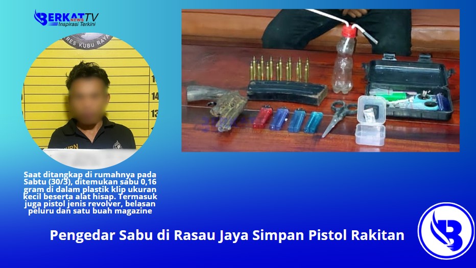 Polisi berhasil mengamankan BS (26) pengedar sabu di Rasau Jaya yang menyimpan pistol rakitan berikut peluru. Saat ditangkap di rumahnya pada Sabtu (30/3), ditemukan sabu 0,16 gram di dalam plastik klip ukuran kecil beserta alat hisap.