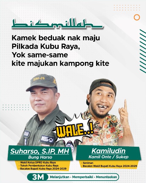 Politisi Golkar Suharso menyatakan keseriusannya untuk maju di Pilkada Kubu Raya 2024 sebagai bakal calon Bupati Kubu Raya. Tekadnya itu bahkan dibuktikan dengan menggandeng seorang komedian terkenal Kamilonte sebagai bakal calon Wakil Bupati Kubu Raya.