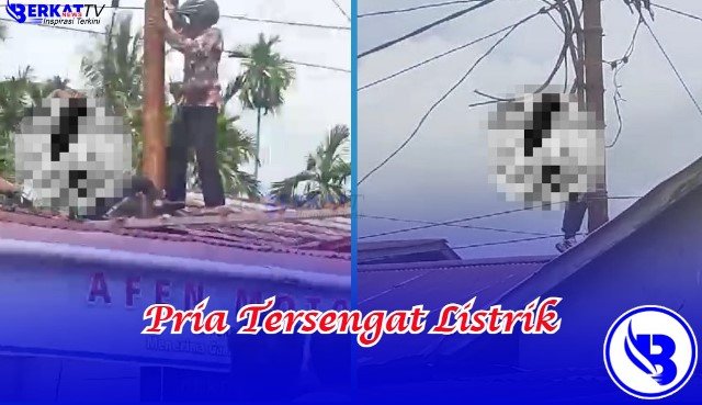 Salah seorang warga membantu memutuskan tali pengikat pria yang tergantung di tiang listrik Jalan Perdamaian Desa Pal IX (Kotabaru ujung) di Kecamatan Sungai Kakap lantaran tersengat listrik, Rabu (16/10). Foto: tmB/ian