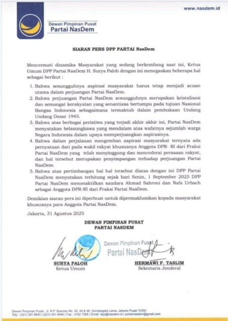 NasDem Non Aktifkan Ahmad Saroni dan Nafa Urbach di DPR RI