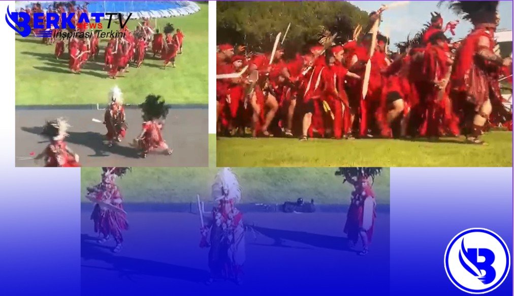 Untuk pertama kalinya, Tarian Kabasaran Suku Minahasa dari Sulawesi Utara mendapat kehormatan untuk tampil di Istana Negara memeriahkan peringatan HUT ke-80 Repubik Indonesia. Tarian perang tradisional Suku Minahasa ini dibawakan sebanyak 200 orang saat upacara penurunan bendera merah putih, Minggu (17/8/2025). Foto: ist/berkatnewstv