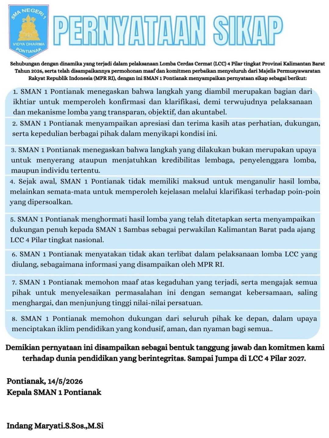 SMAN 1 Pontianak Tolak Ikut Tanding Ulang