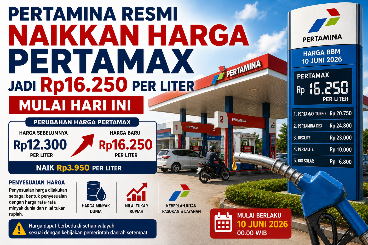 Pertamina Resmi Naikkan Harga Pertamax Jadi Rp16.250 per Liter Mulai Hari Ini