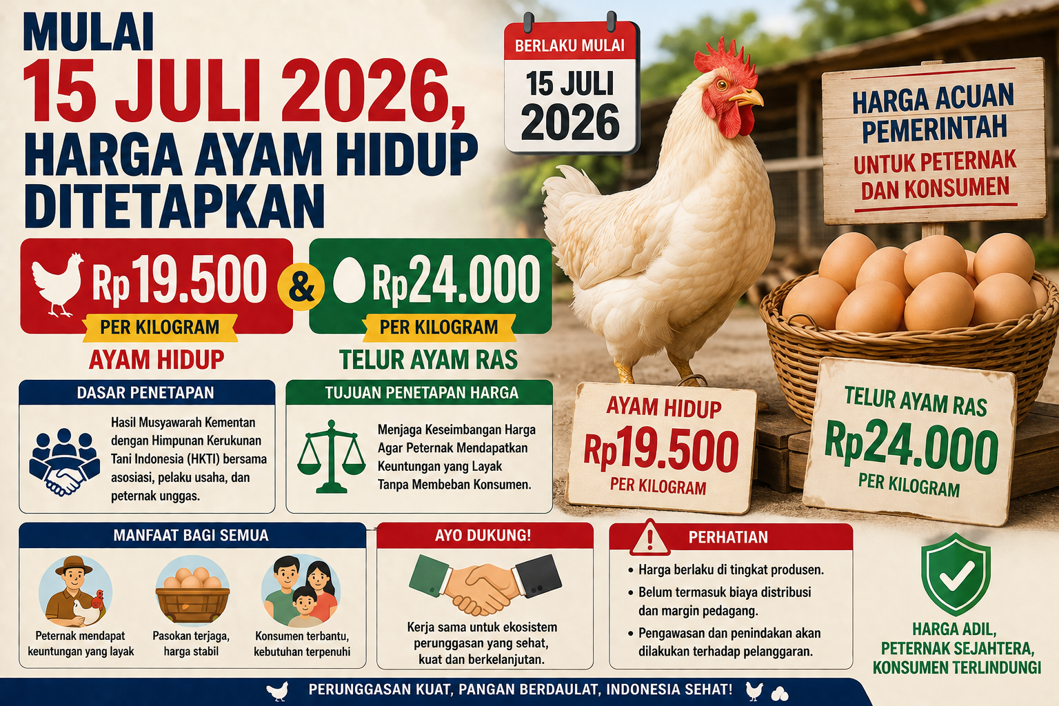 Mulai 15 Juli 2026, Harga Ayam Hidup Ditetapkan Rp19.500 dan Telur Rp24.000