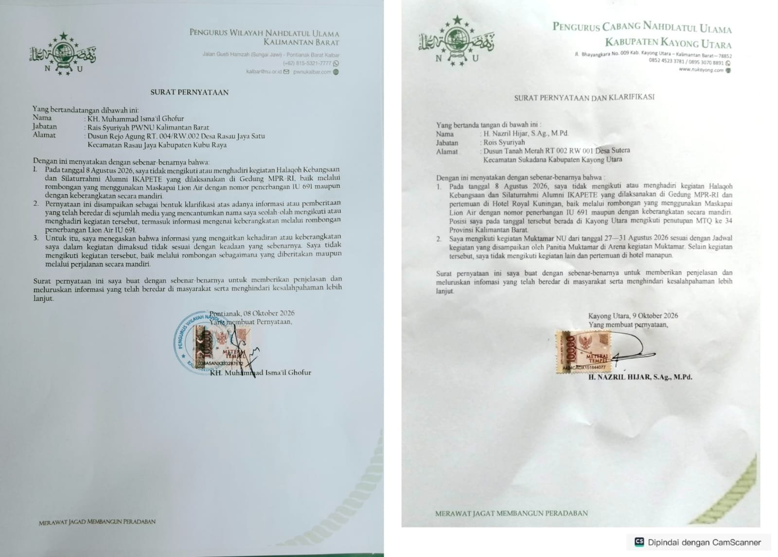 Dugaan Pengondisian Muktamar NU, Dua Rais Syuriyah di Kalbar Bantah Hadir