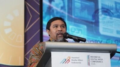 Ketua Umum AMSI, Wahyu Dyatmika saat pembukaan IDMC 2026 di Surabaya Jawa Timur, Rabu (28/10/2026) mengungkapkan tantangan yang dihadapi industri media massa kedepan