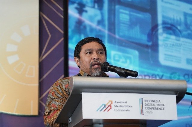 Ketua Umum AMSI, Wahyu Dyatmika saat pembukaan IDMC 2026 di Surabaya Jawa Timur, Rabu (28/10/2026) mengungkapkan tantangan yang dihadapi industri media massa kedepan